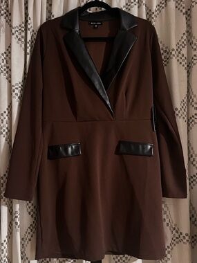 Madison Chocolate Brown Blazer with Black Faux-Leather Trim
